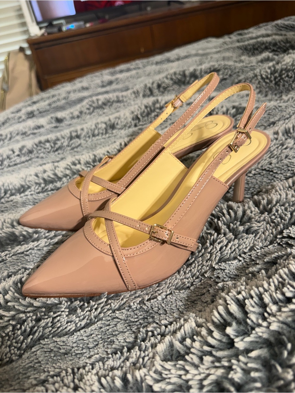 Jessica Simpson Patent Pointed Slingback Heels in Nude Pink